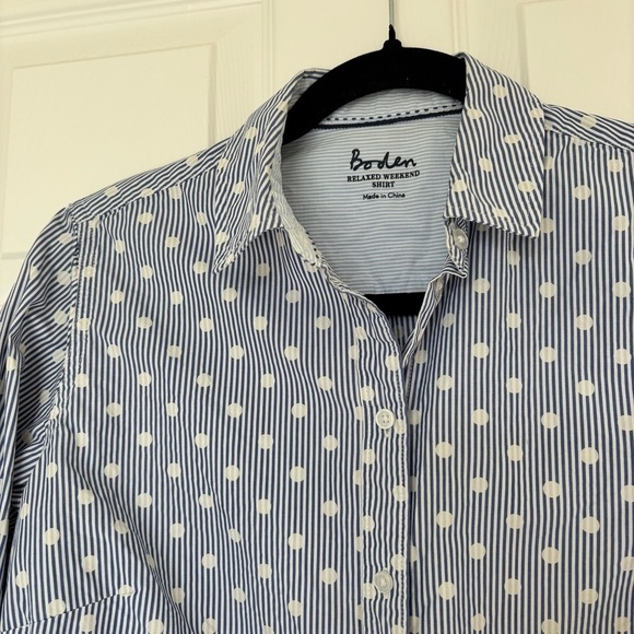 Boden Women's Relaxed Weekend Polka Dot Striped Shirt Blue White Cotton Size 6 - Picture 2 of 6